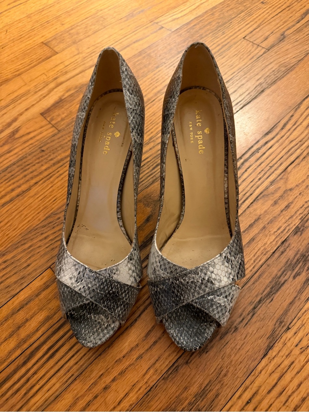 kate spade Gray Snake-Print Peep Toe Heels